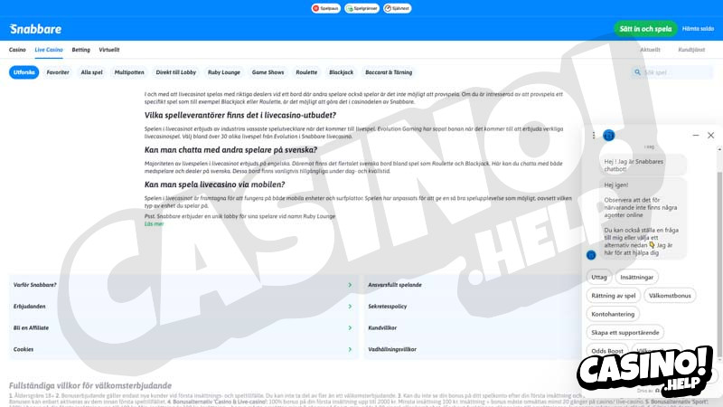 snabbare-casino support screenshot