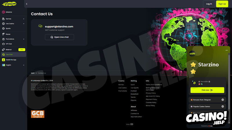 starzino support screenshot