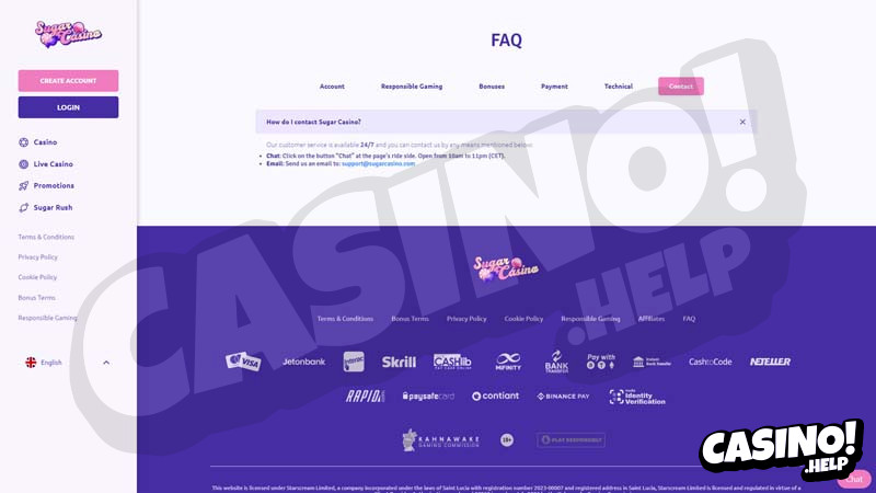 sugarcasino support screenshot