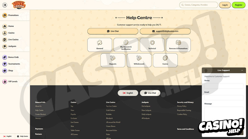 vinylcasino support screenshot
