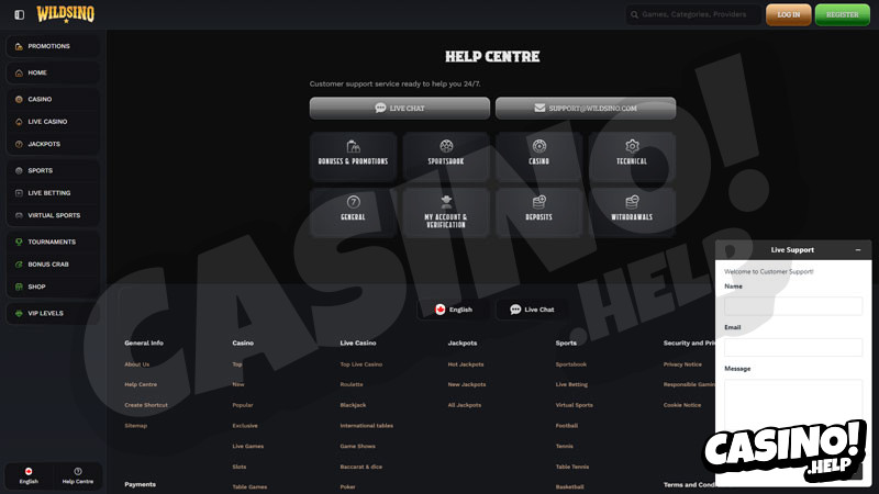 wildsino support screenshot