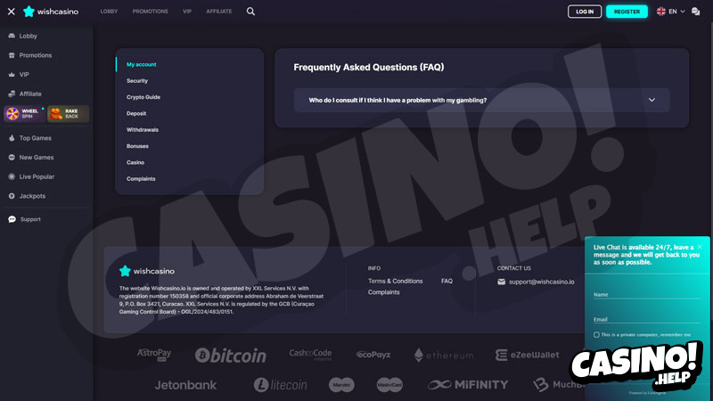 wishcasino support screenshot