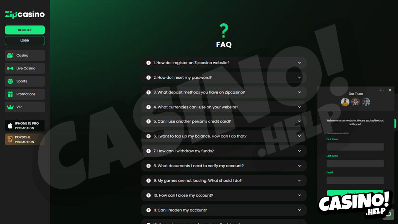 zipcasino support screenshot